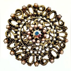 3 for $30 Vintage Gold Tone Open Work Aurora Borealis Small Pearl Brooch